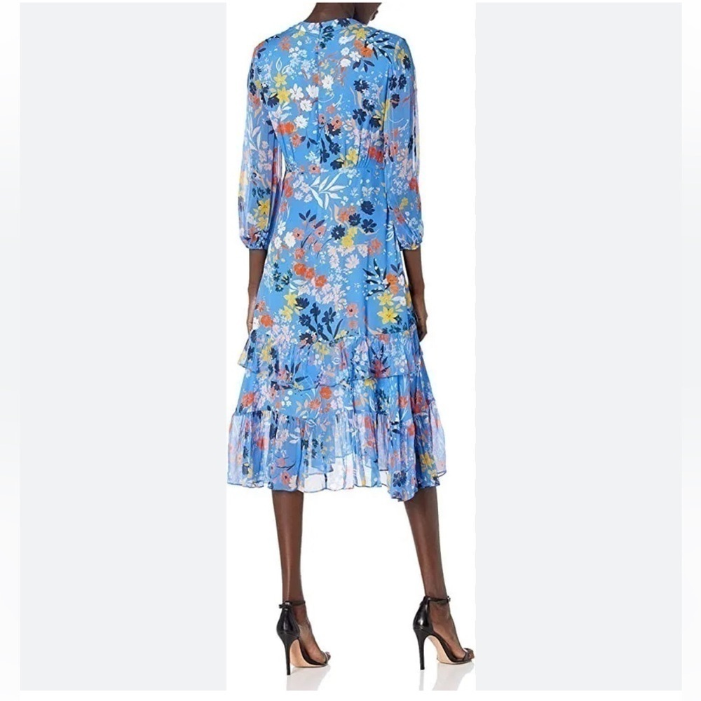 Shoshanna Womens Blue Zippered Ruffled Floral 3/4 Sleeve V Neck dress - Picture 3 of 10